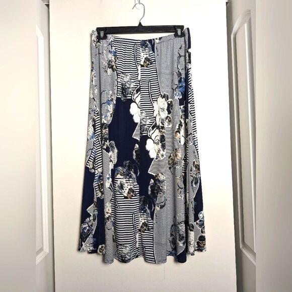 C&B Abstract artsy boho lagenlook long maxi midi skirt s L  floral stripe patch - Picture 3 of 7